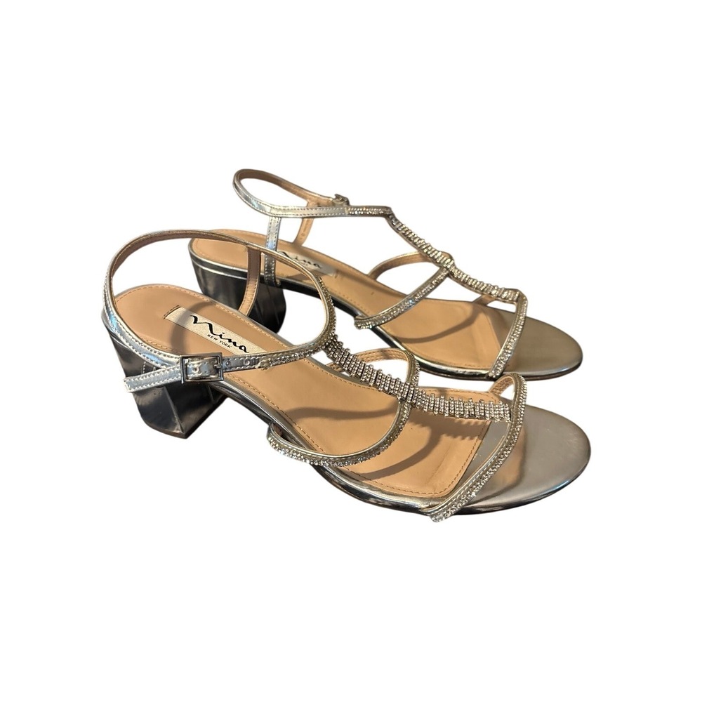 Nina New York Silver Metallic Rhinestone Dress Sandals Strappy Evening Heels
